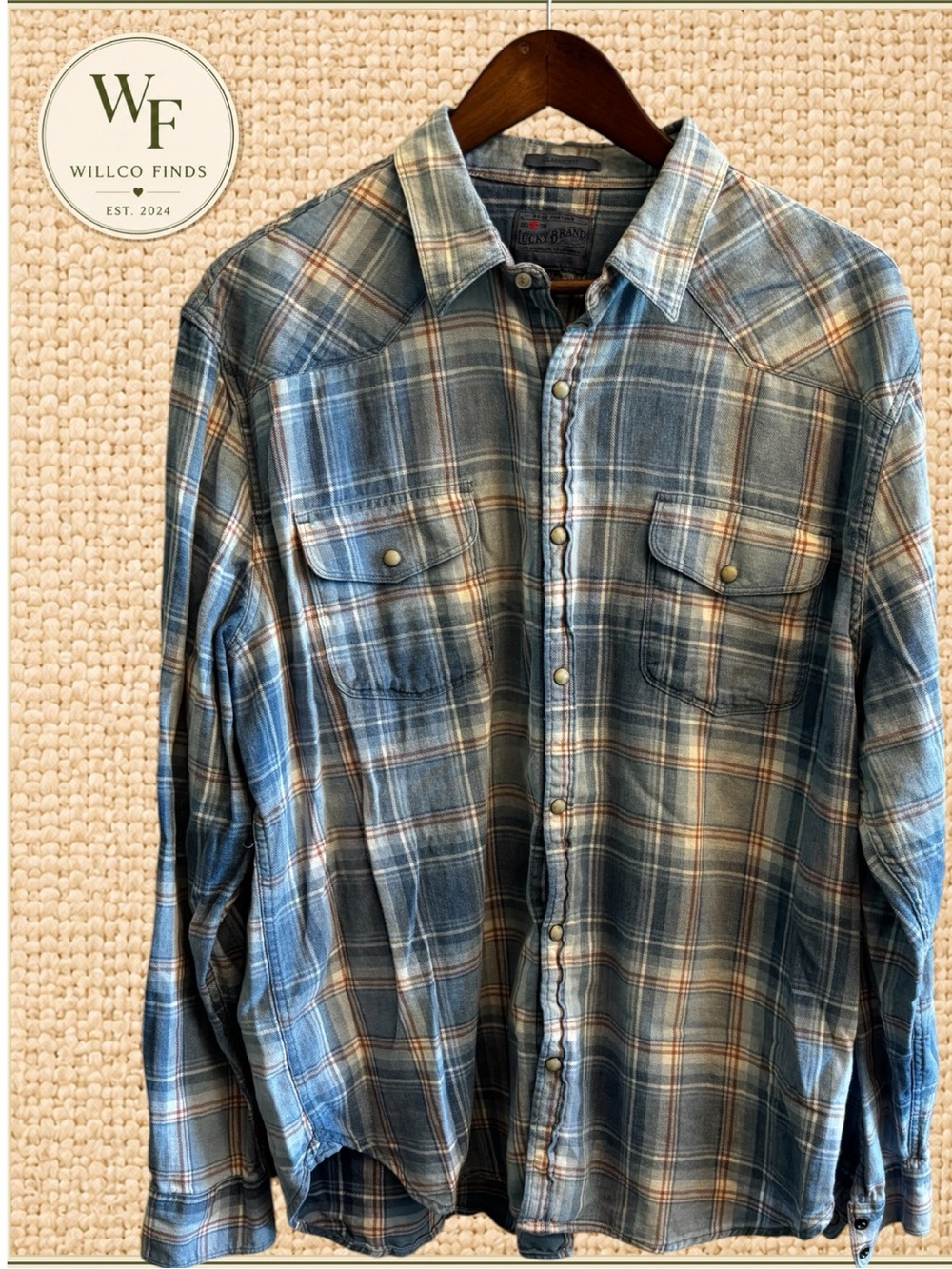 Lucky Brand Men’s XL Blue Plaid Western Pearl Snap Shirt Classic Fit Cotton